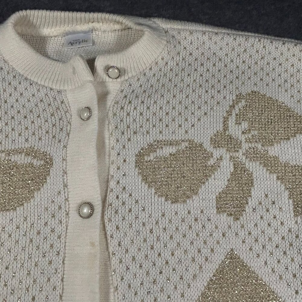 Vintage Cream Metallic Long‎ Sleeve Cardigan Sweater Gold Bow Holiday Pearl - Picture 13 of 15